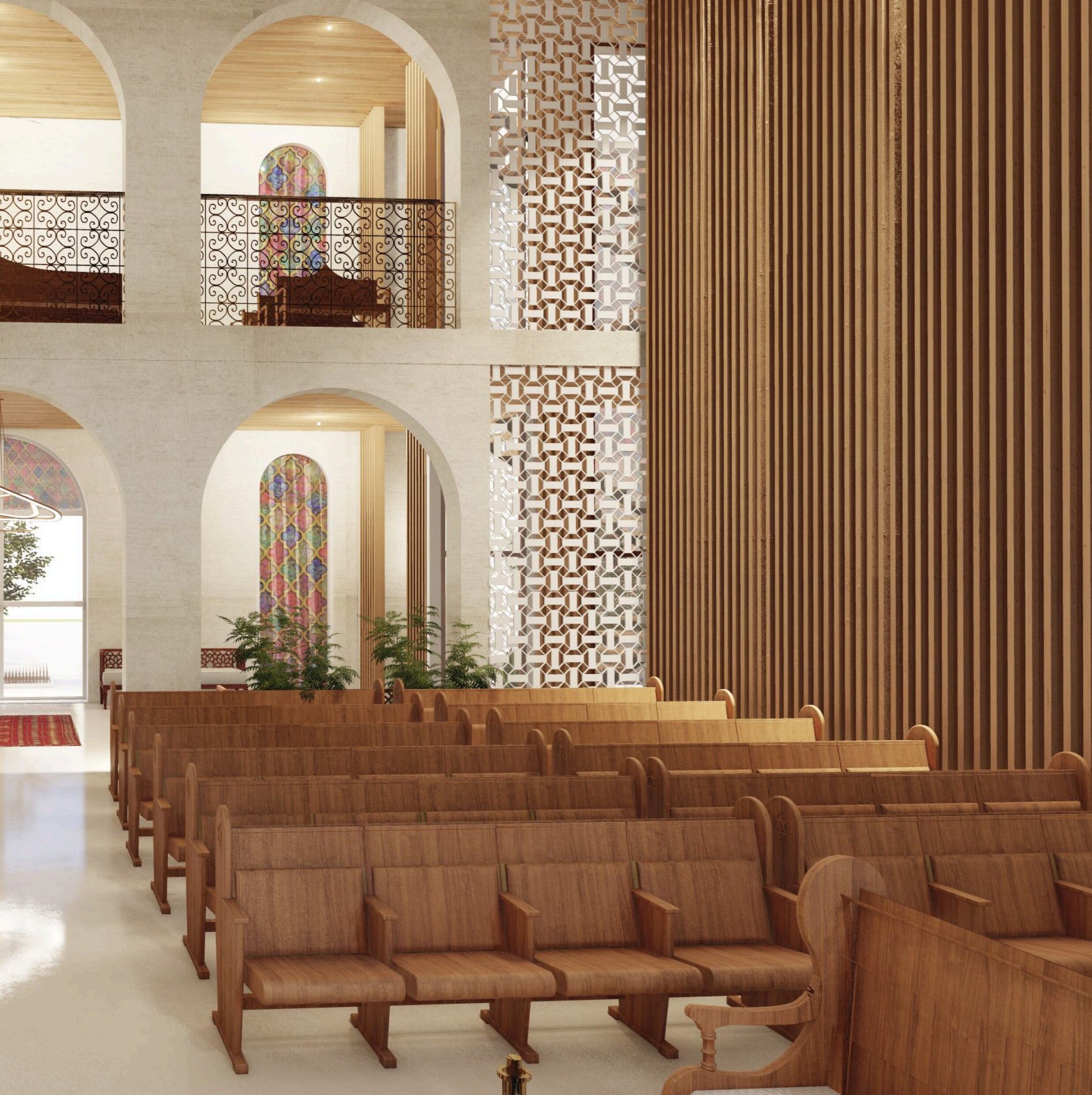 Sanctuary pews with arabesque screen