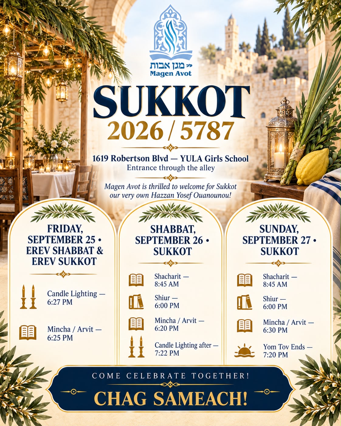 Sukkot 2026/5787 schedule flyer at Magen Avot — Hazzan Yosef Ouanounou