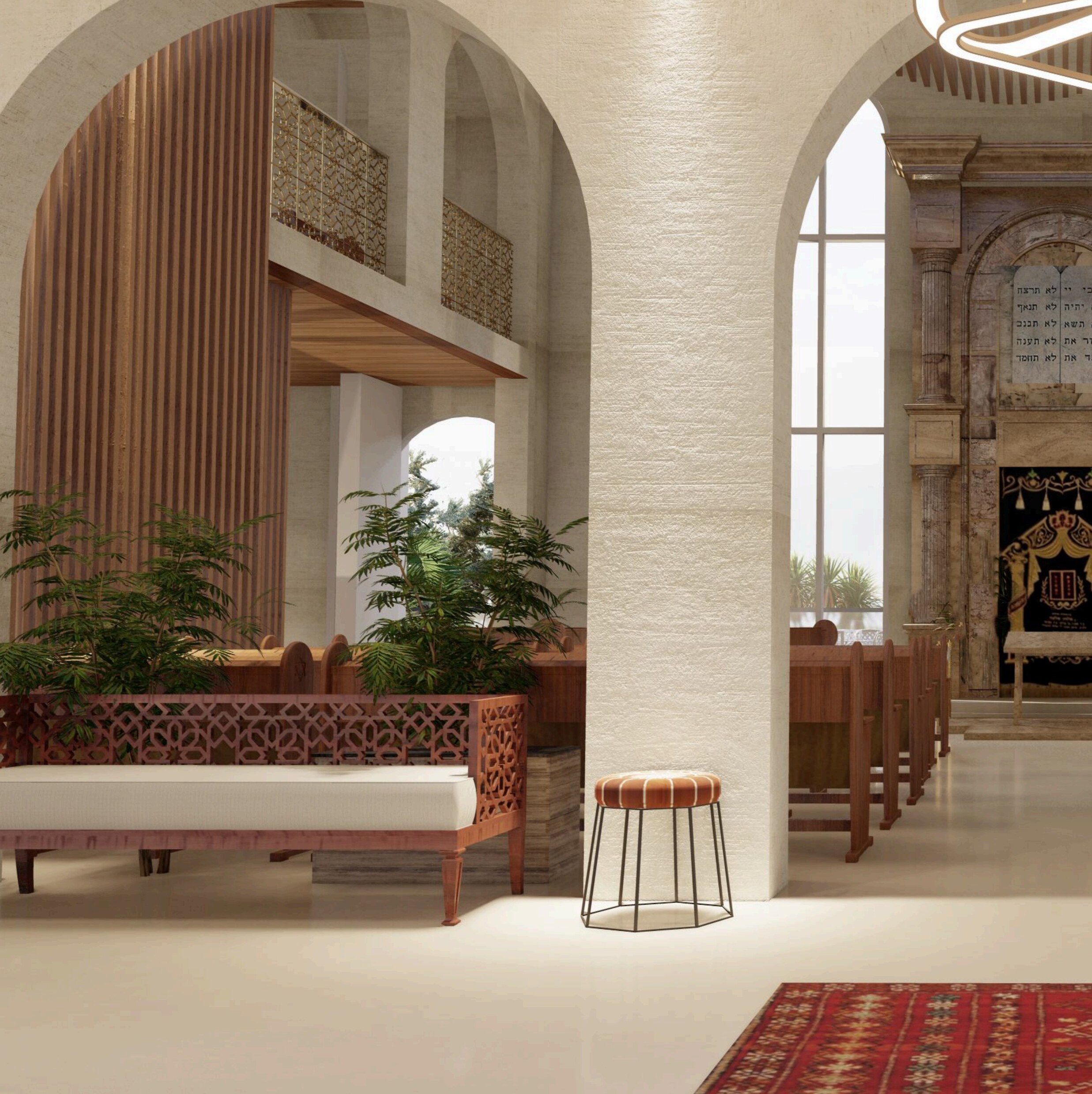 Sanctuary lobby with Moroccan carved bench and arched openings
