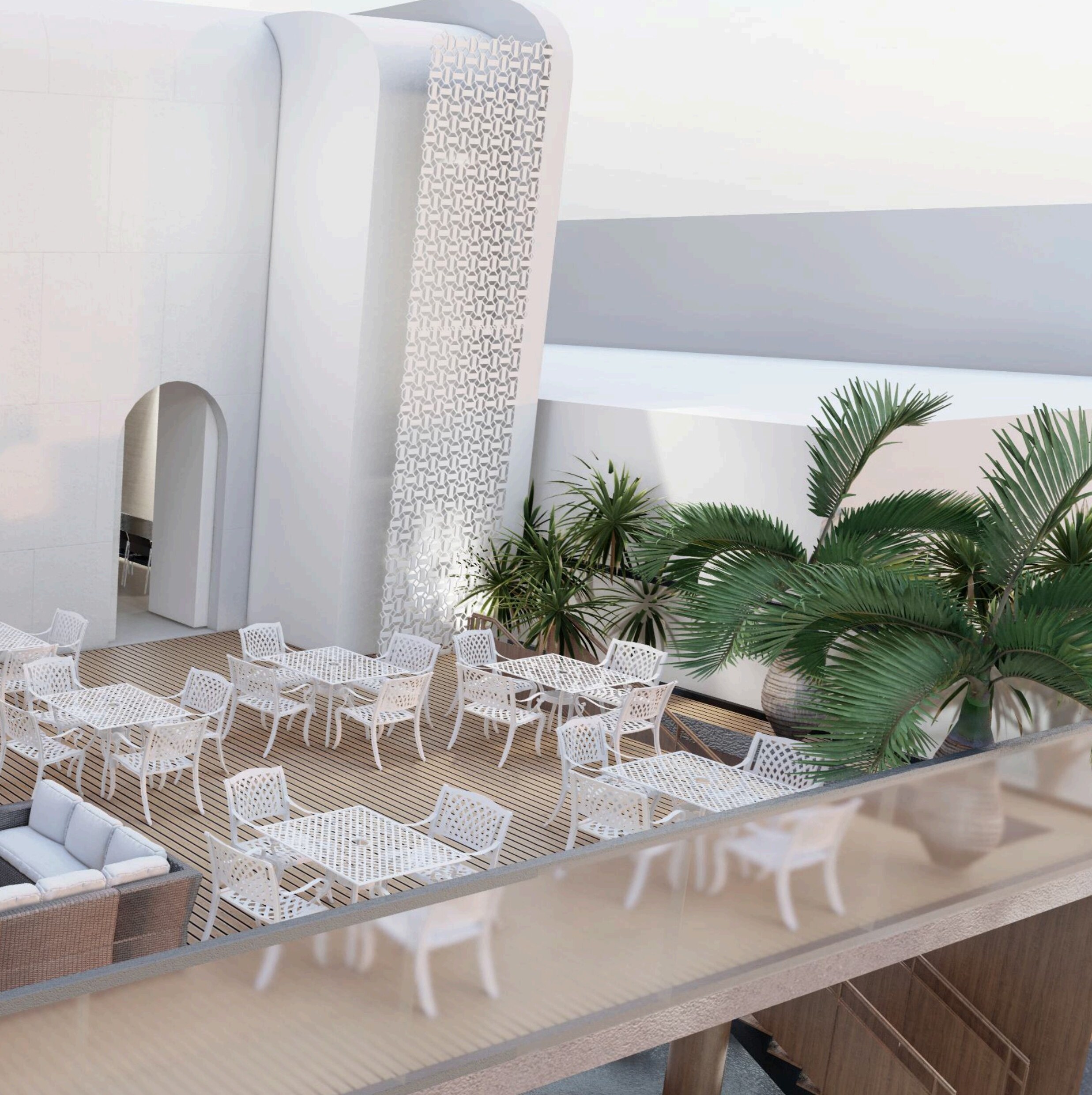 Rooftop terrace with palm trees and Moroccan latticework
