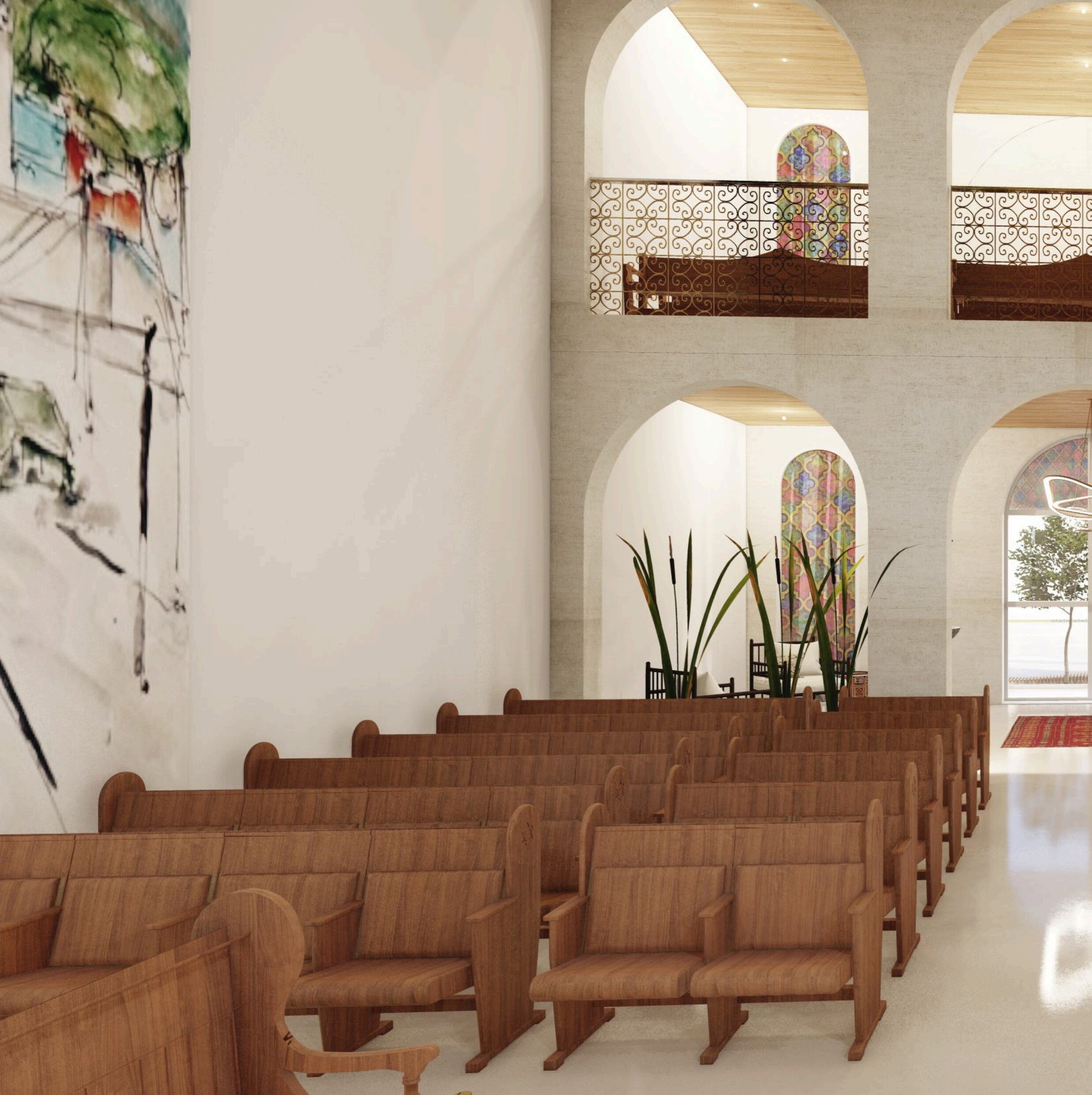 Sanctuary with art mural and arched mezzanine