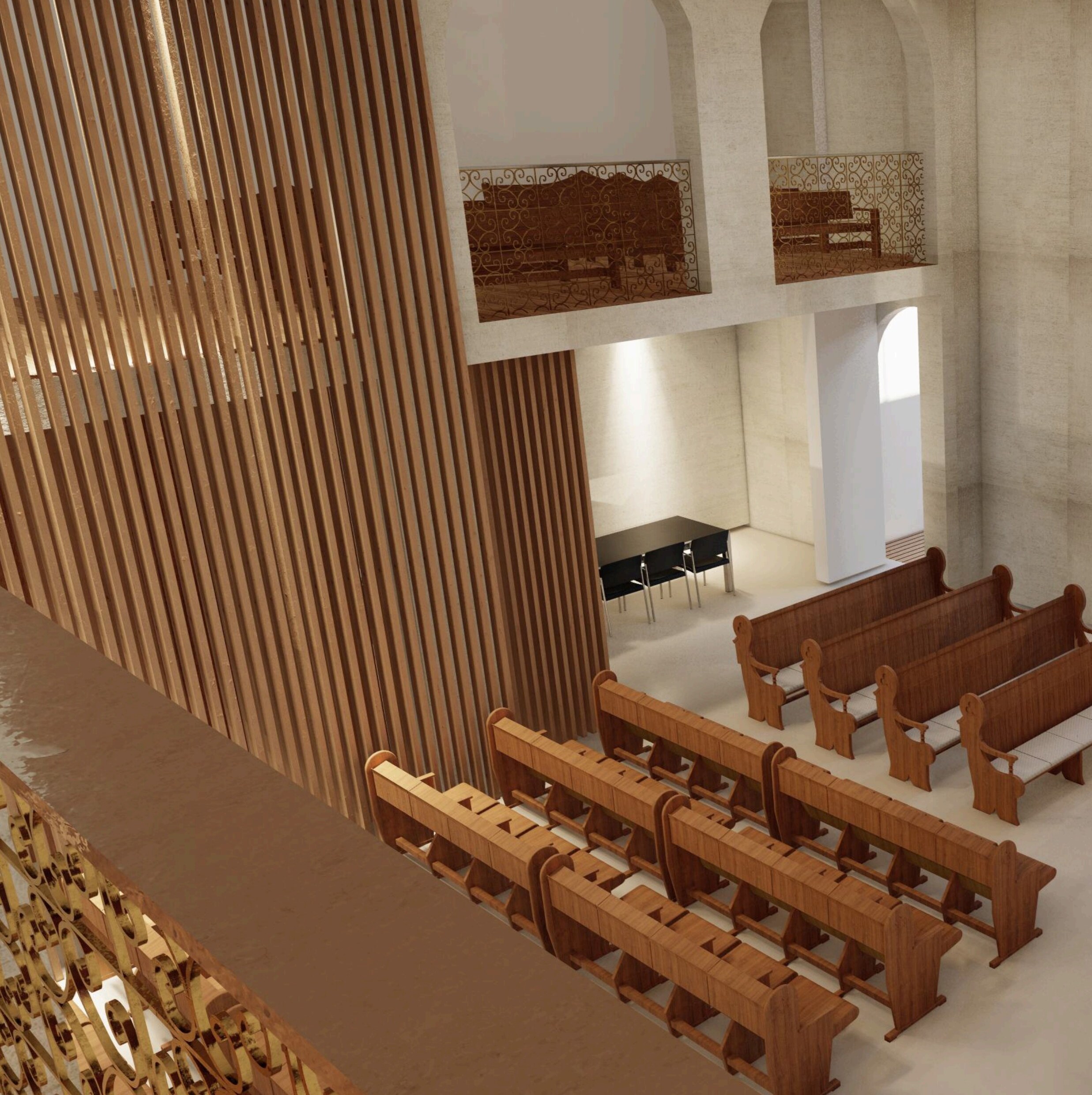 Magen Avot Moroccan Center — sanctuary interior with mezzanine