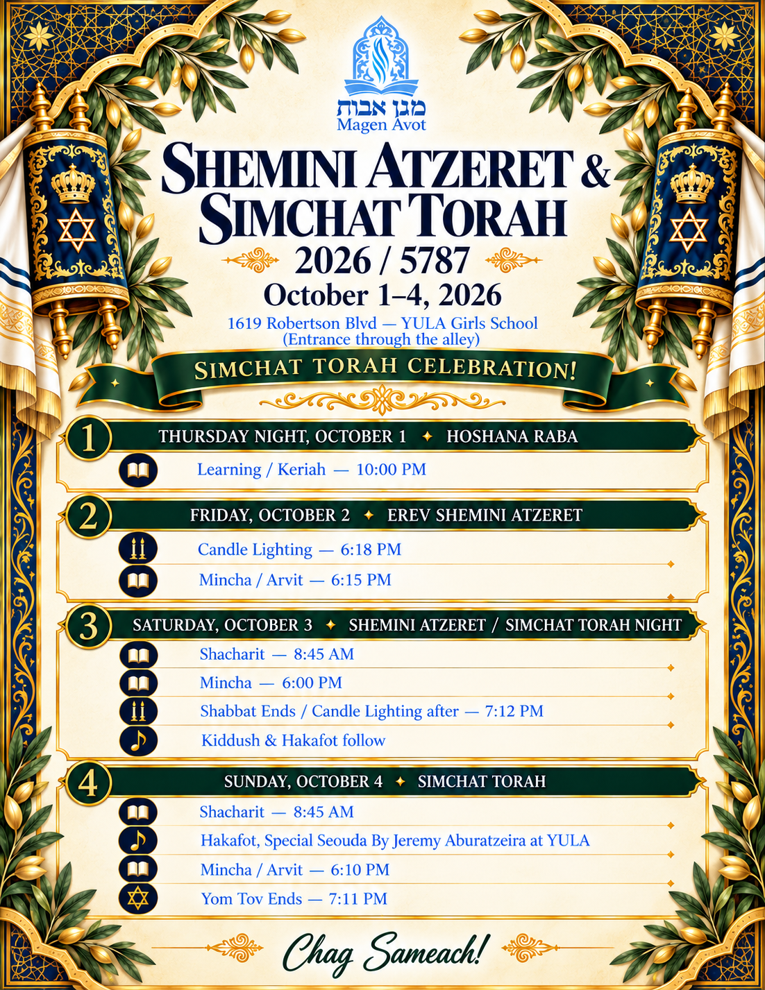Shemini Atzeret and Simchat Torah 2026/5787 schedule flyer at Magen Avot