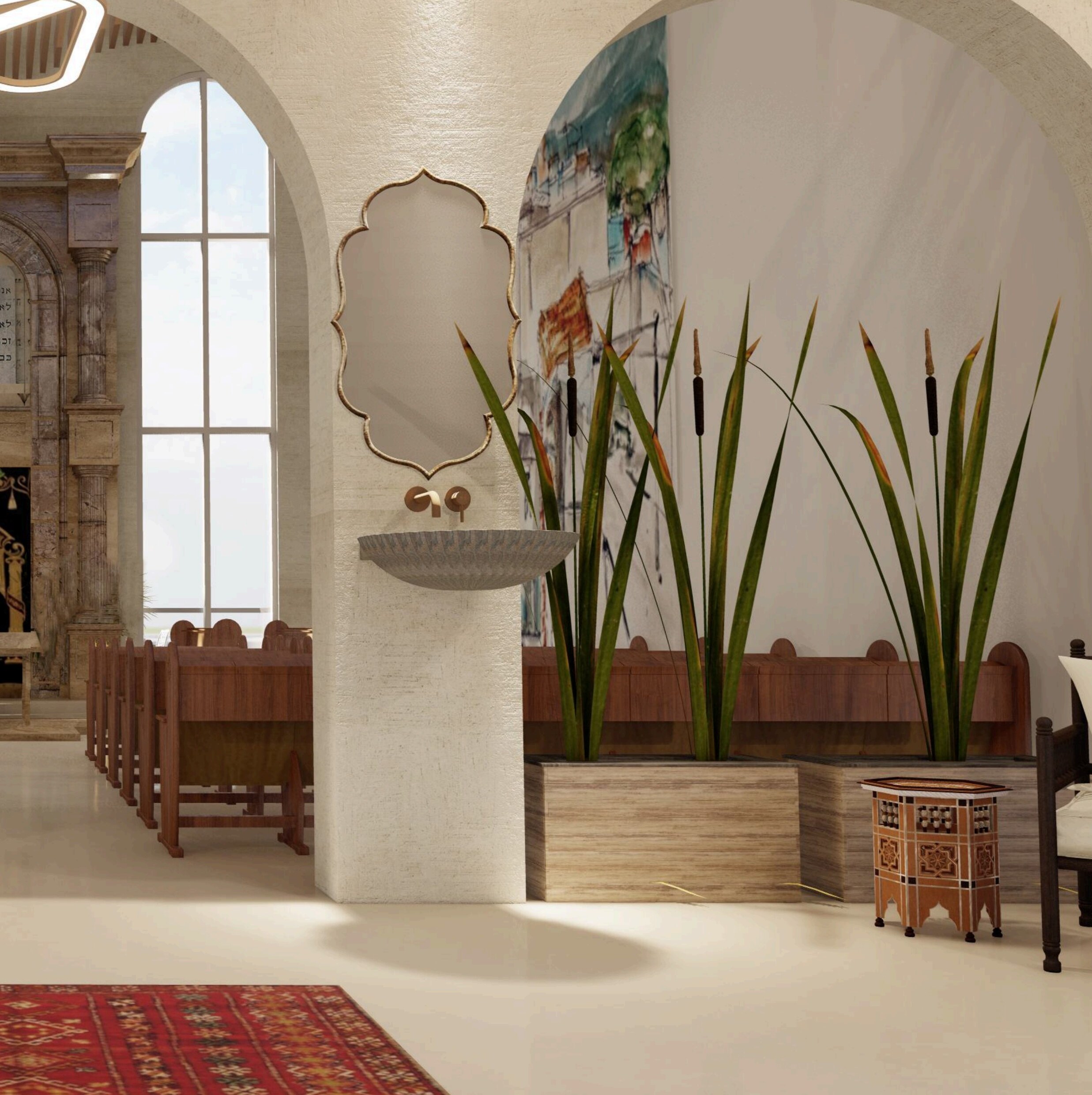 Washing station with Moroccan mirror and tilework