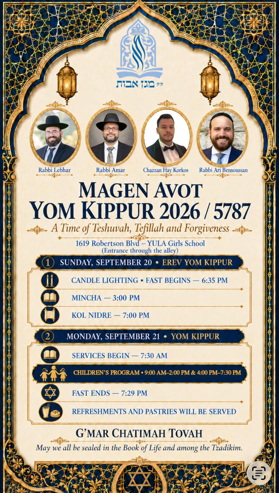 Magen Avot Yom Kippur 2026/5787 flyer with Rabbi Lebhar, Rabbi Amar, Chazzan Hay Korkos, and Rabbi Ari Bensoussan